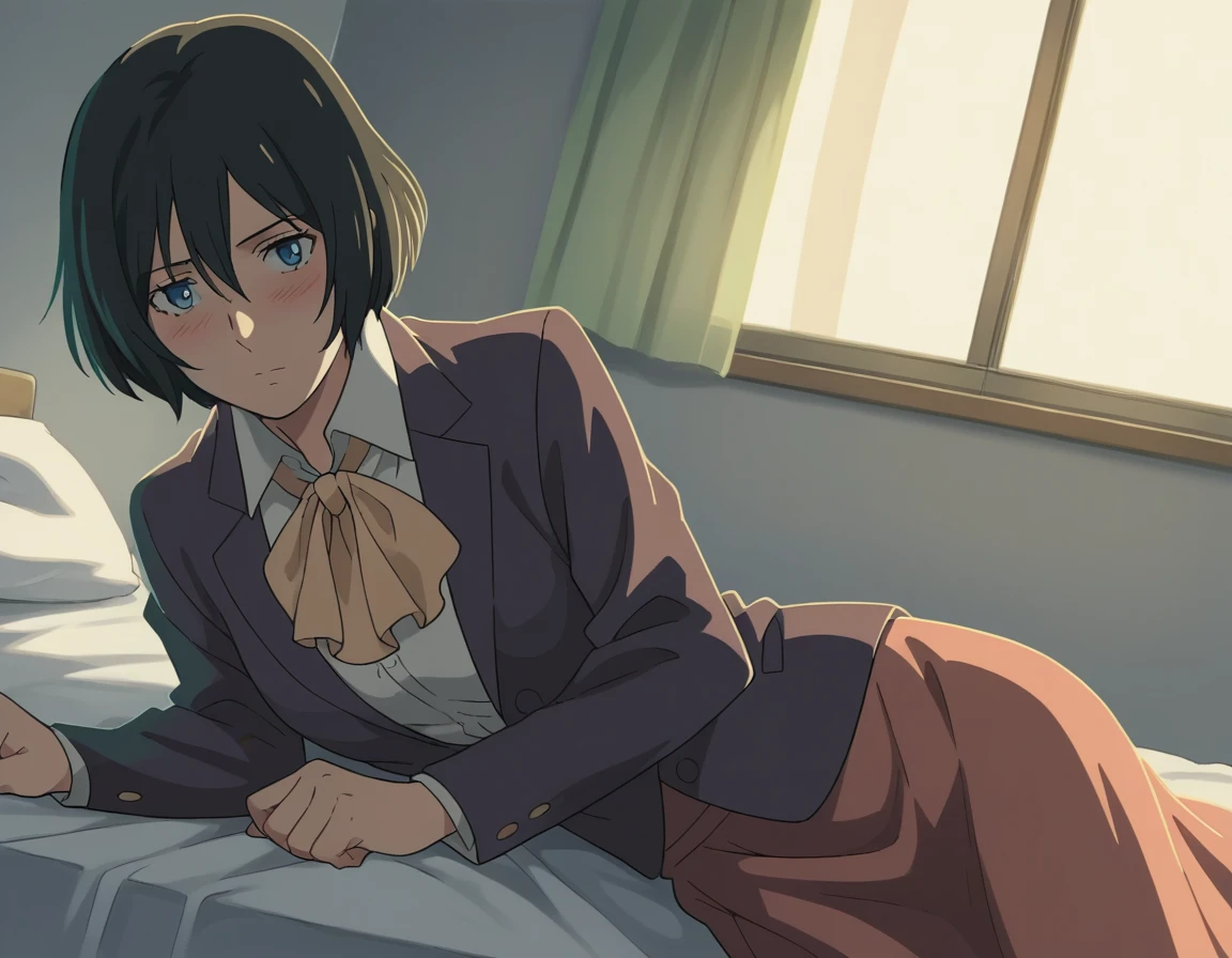 score_9, score_8_up, score_7_up, source_anime,
yukariyukino, yukari yukino, short hair, black hair, blue eyes, hair between eyes,
show off breast, shirt, collared shirt, white shirt, ascot, blazer, peach blazer, skirt,
indoors, bed, bed room, on side, blush, drunk,
cowboy shot, looking at viewer, solo, dutch angle,