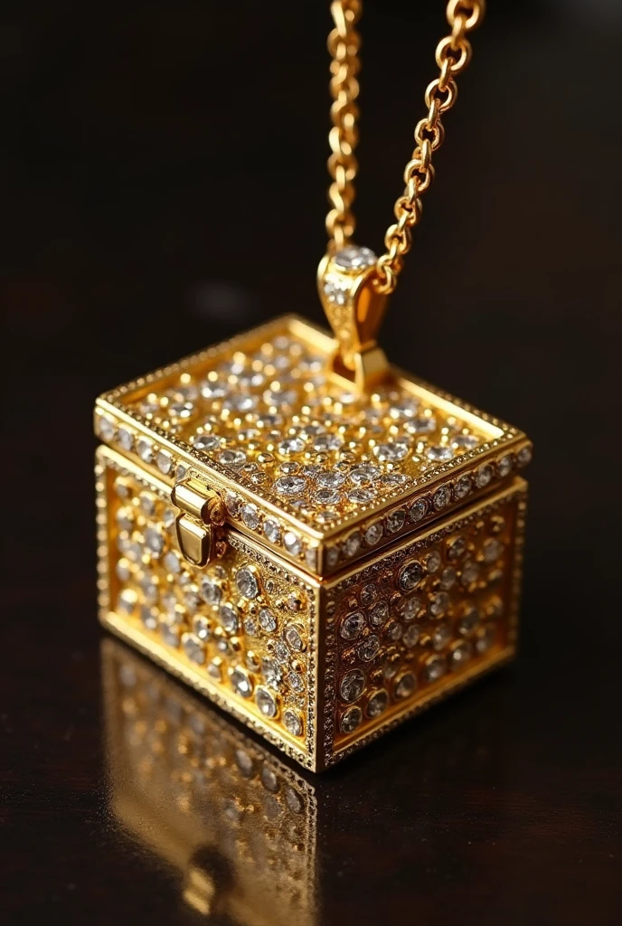 large gold box necklace with 51game engraving decorated with diamonds