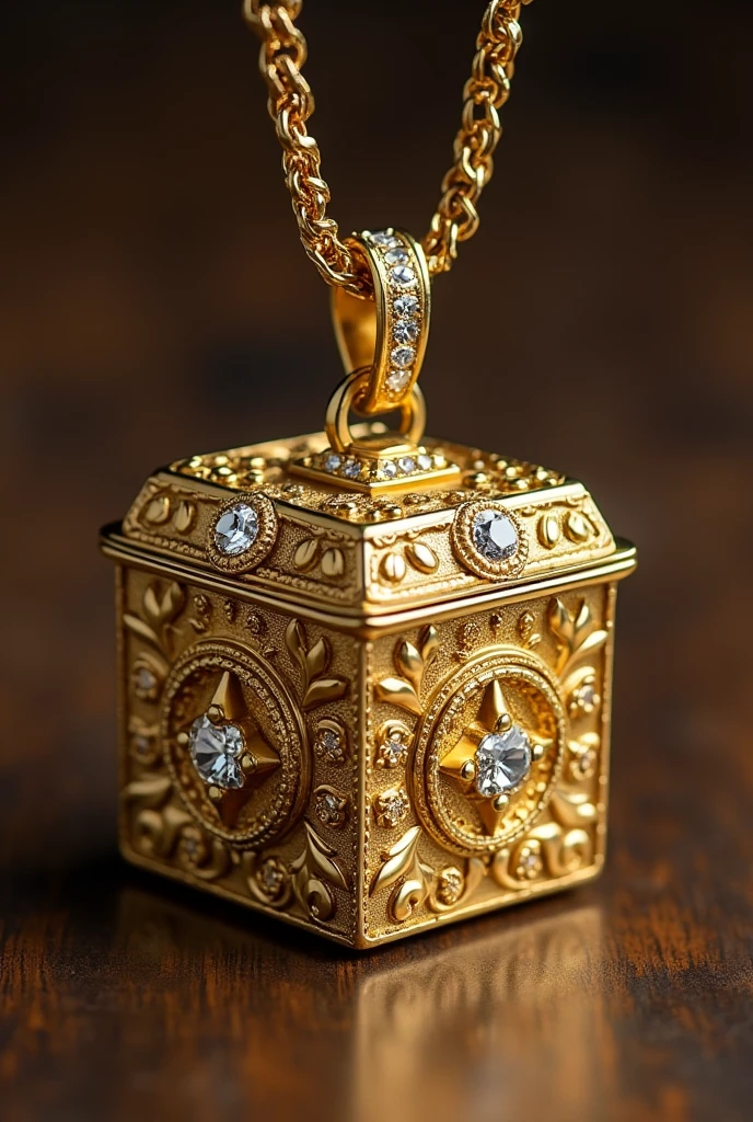 large gold box necklace with 51game engraving decorated with diamonds 
