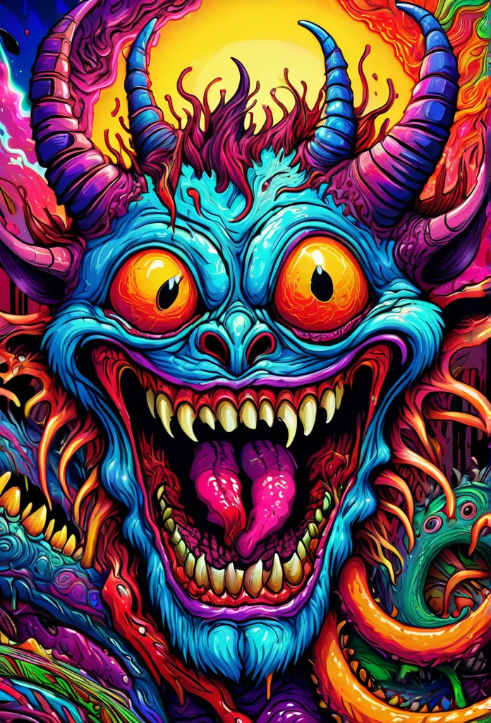 ((master psychedelic laughing monster 2D)), a dangerous monster with horns, grim scene, colorful doodle, gothic, Van Gogh art, close up, hyper detailed, masterpiece, 4k, vibrant colors, dramatic lighting, chiaroscuro, impasto, thick brushstrokes, moody atmosphere, ominous, surreal, nightmarish, twisted, grotesque, terrifying, unsettling blood, dark, carnage, guns, Color magic, vaporwave style)), Highly intricate technicolor, ultra detailed colorful art, very detailed and colorful, highly detailed bright colors, highly intricate and colorful, Colorful!! highly detailed, colorful hyper-detailed, full of colors and rich details, highly detailed colors, scary detailed art in colors, psychedelic art style, detailed digital illustration, 16k, 8k, 4k wallpaper uhd hdr.