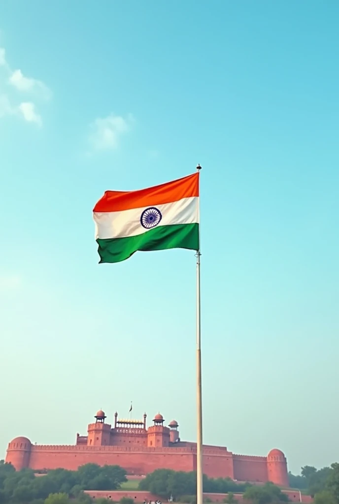 in the center a big India Flag that is not waving in the wind, light blue sky with minimal clouds and red fort as backdrop.