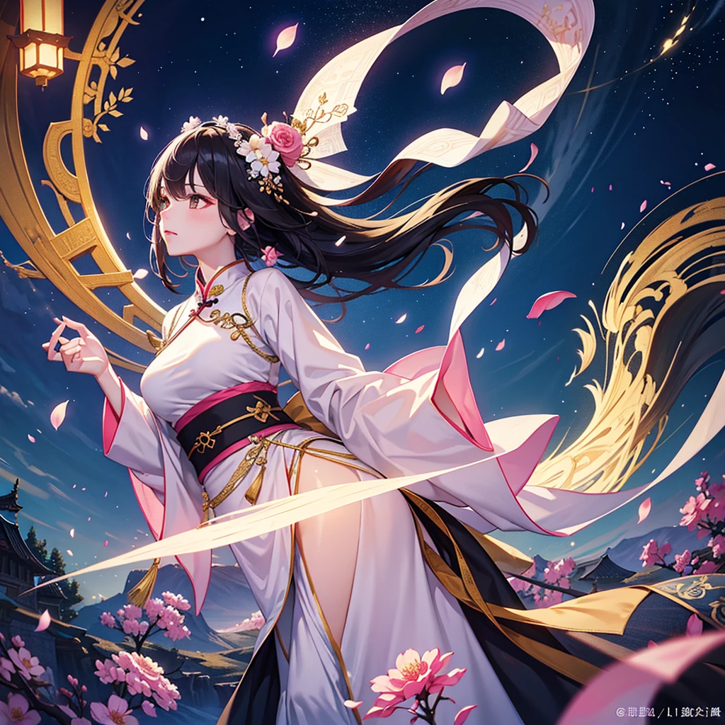 Gorgeous, Dynamic, visual impact, ink painting，watercolor smudge，1 girl, solo, long hair, black hair, hair accessories, long sleeves, flower, outdoor, sky, 毛flower, from behind, sash, contour, make up, night, China costume, Night Sky, light particles, lantern, architecture, paper lantern, Hanfu，1 girl, solo, black hair, hair accessories, long sleeves, Gorgeous silk dress, Pink Silk Hanfu，belt，long sleeves，damask，jewelry, Shut up, permanent, whole body, flower, Good, vague, flower petals, contour, night, China costume, 单Good, Flower-decorated hairpin，Loose long hair，红flower, Night Sky, light particles,Gold jewelry， bead, architecture, updo, Hanfu，light particles，Beautiful light source，high quality, best quality,8K CG, Ultra-detailed, HD, masterpiece, Watercolor oil painting，ink painting，ink painting color dyeing，bling，ancient art，The background is decorated with auspicious clouds and silk ribbons，Elegant and peaceful atmosphere，Concept art illustration，Light painting rendering，Zen style, In line with Chinese aesthetics，The beauty of imaginary artistic conception，Beautiful digital illustration，Pink peach flower petals surround her