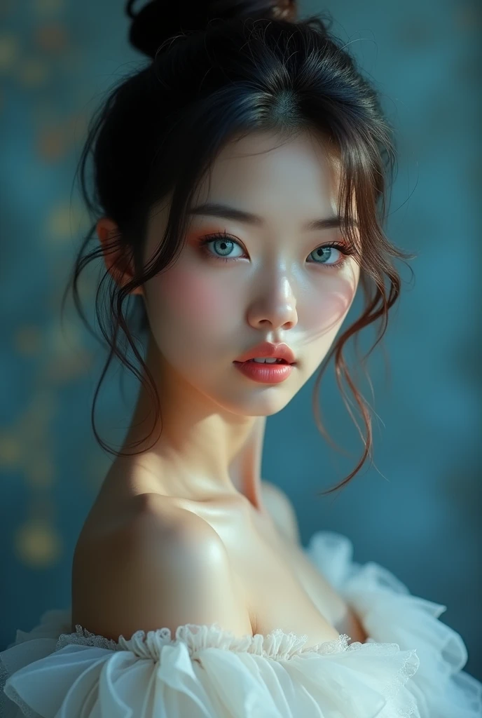 (Realistic) Insanely beautiful asian lady with messy bun hairstyle, so beautiful that her beauty transcends heaven , blue eyes so beautiful looks like stars in night sky , cute and attractive facial expressions, incredibly soft skin like an angel , natural skin color, natural breasts, godly perfect body (highly detailed) , cinematic lightings , wearing a simple yet angelic dress (highly detailed) , incredibly soft and alluring lips , full body image highly detailed from top to bottom