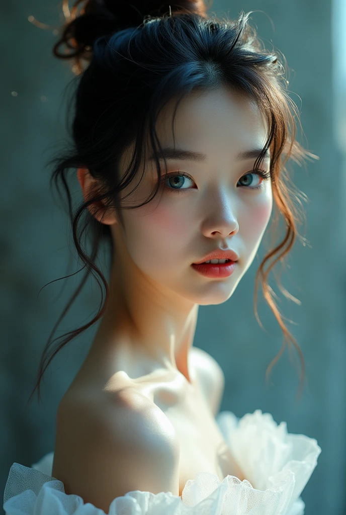 (Realistic) Insanely beautiful asian lady with messy bun hairstyle, so beautiful that her beauty transcends heaven , blue eyes so beautiful looks like stars in night sky , cute and attractive facial expressions, incredibly soft skin like an angel , natural skin color, natural breasts, godly perfect body (highly detailed) , cinematic lightings , wearing a simple yet angelic dress (highly detailed) , incredibly soft and alluring lips , full body image highly detailed from top to bottom