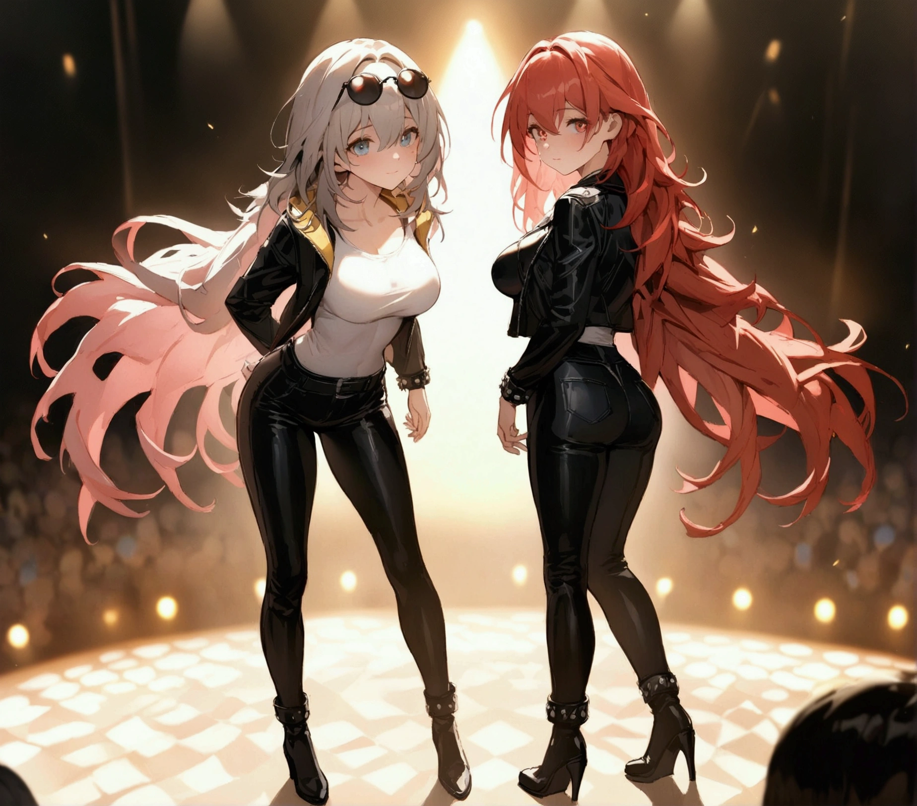 (Masterpiece. The best quality. 8K. Sharp focus. Depth of field, The best shadows. Perfect lighting. HDR. Realistic skin texture. Ultra-detailed background. Detailing). Anime style. Honkai: Star Rail. March 7. Stelle. 2 girls. Fiery red hair, short hair. Silver hair, long hair, loose hair, shoulder-length hair. Azure blue eyes, beautiful eyes, beautiful eyes, expressive eyes. Amber eyes, beautiful eyes, beautiful eyes, expressive eyes. Beautiful nose, perfect facial features. Perfect anatomical body, slender figure, second-size breasts, beautiful breasts, thin waist, rounded hips, beautiful long legs. Top, leather jacket, sunglasses on her head, leather pants, leather boots with heels, studded bracelets on her wrists, electric guitar. Club, stage, concert. Concept art. Standing at full height. Looking at the viewer. Full length. Full body.