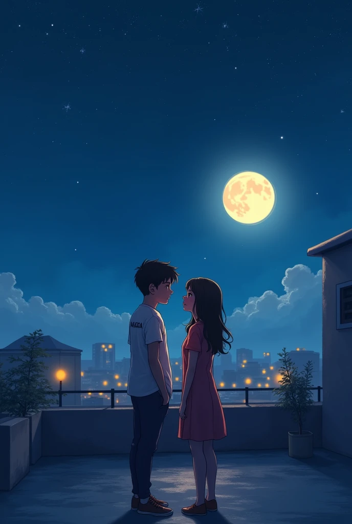 A boy with his name Shahbaz written on his back and a girl with her name Nazia written on her back, talking about love in the moonlight at night on the roof of the house