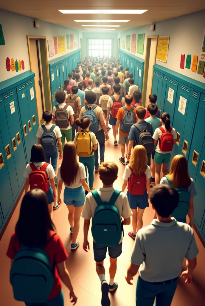 "A busy school hallway with students walking"