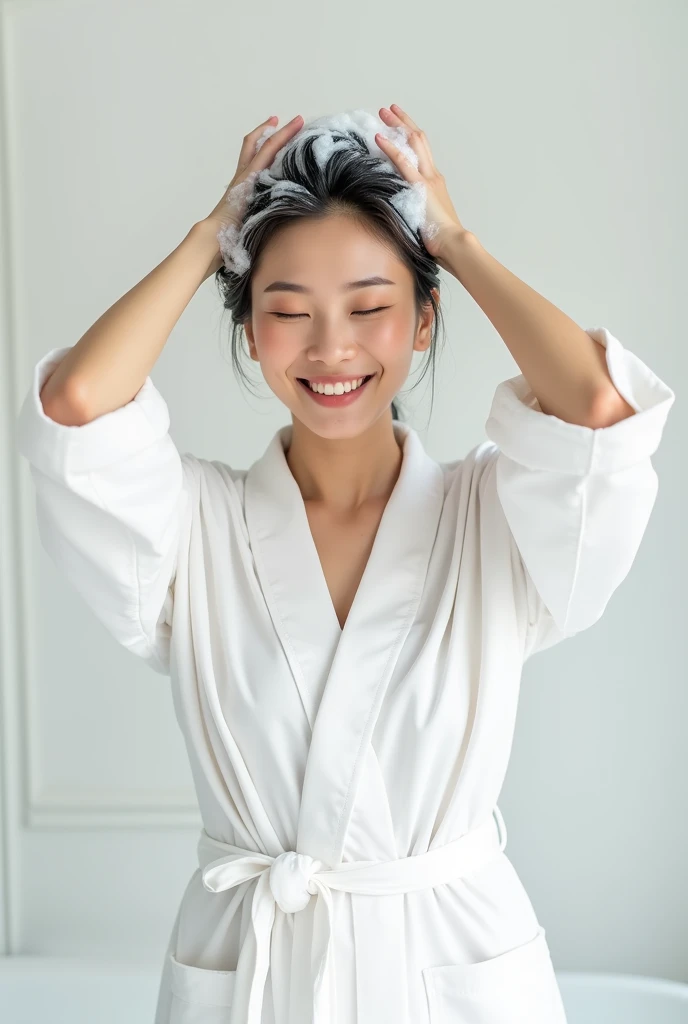 Create an Asian middle-aged beauty，Wearing a white satin bathrobe，Scratching the scalp with both hands，Two hands washing hair on top of head，There is a lot of foam on the head，Foam wrap head，Realistic foam，The expression is happy，Upper Body，The characters are realistic and realistic，Pure white background，Character front position，9:16 frames，Ultra-high-definition picture quality