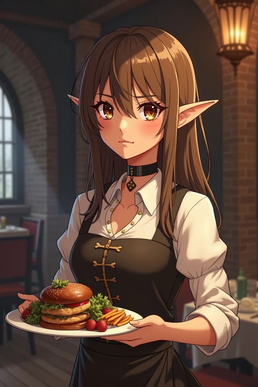 (anime style) A beautiful elf girl looking depressed with a slave collar around her neck working as a restourant server in a medieval fantasy setting holding a plate of food