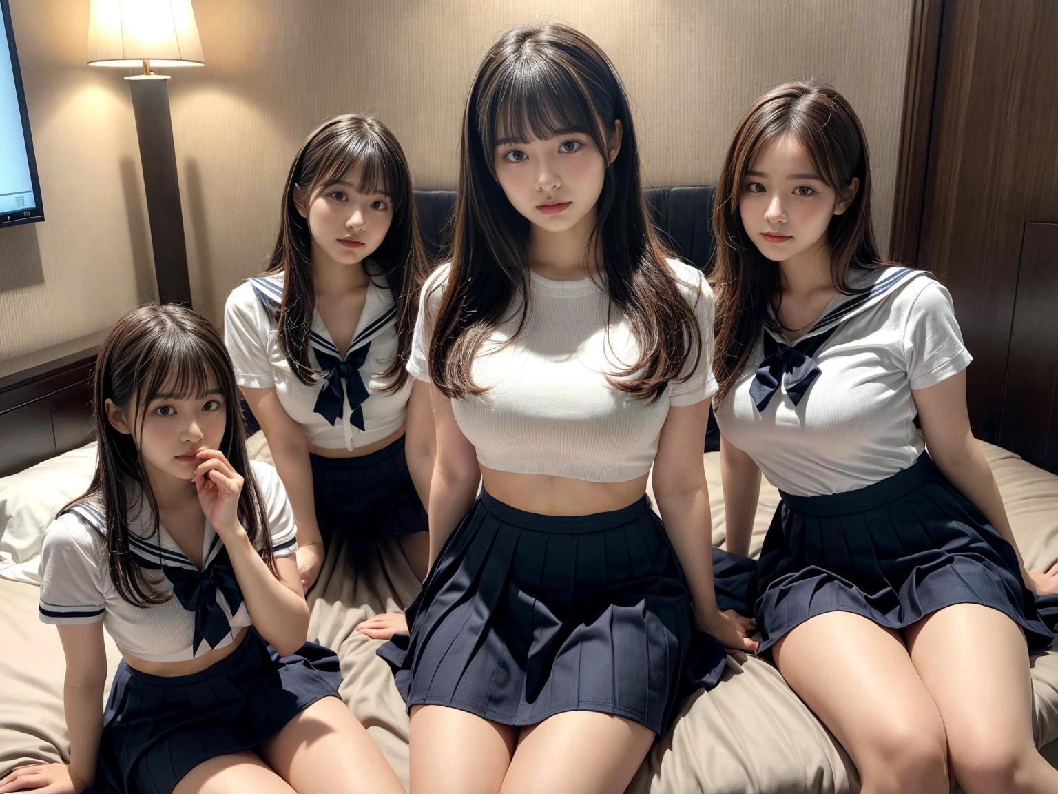 masterpiece, best quality, illustration, Super detailed, fine details, High resolution, 8K,wall paper, perfect dynamic composition,(Details High quality, realistic depiction of eyes:1.3), (3 girls), Black Sailor Uniform, serafuku, Navy pleated skirt, sitting, open legs, short bob hair, in a hotel room in the background, deep on field, large breasts, black hair color, Big Natural Color Lip, (perfect body shape), crying a little、Harajuku style、20 year old girl、cute type、beautiful legs, Gravure Idol