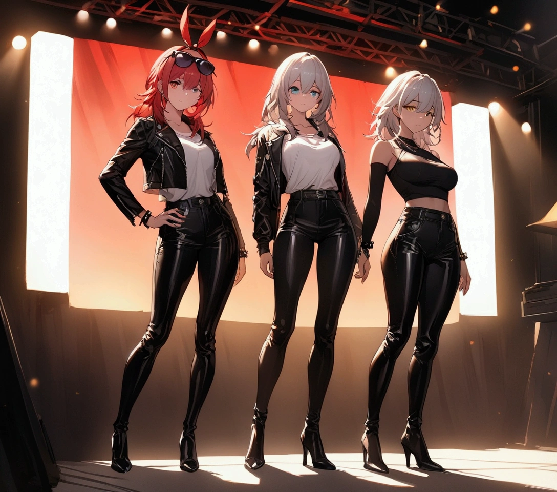 (Masterpiece. The best quality. 8K. Sharp focus. Depth of field, The best shadows. Perfect lighting. HDR. Realistic skin texture. Ultra-detailed background. Detailing). Anime style. Honkai: Star Rail. March 7. Stelle. 2 girls. Fiery red hair, short hair. Silver hair, long hair, loose hair, shoulder-length hair. Azure blue eyes, beautiful eyes, beautiful eyes, expressive eyes. Amber eyes, beautiful eyes, beautiful eyes, expressive eyes. Beautiful nose, perfect facial features. Perfect anatomical body, slender figure, second-size breasts, beautiful breasts, thin waist, rounded hips, beautiful long legs. Top, leather jacket, sunglasses on her head, leather pants, leather boots with heels, studded bracelets on her wrists, electric guitar. Club, stage, concert. Concept art. Standing at full height. Looking at the viewer. Full length. Full body.