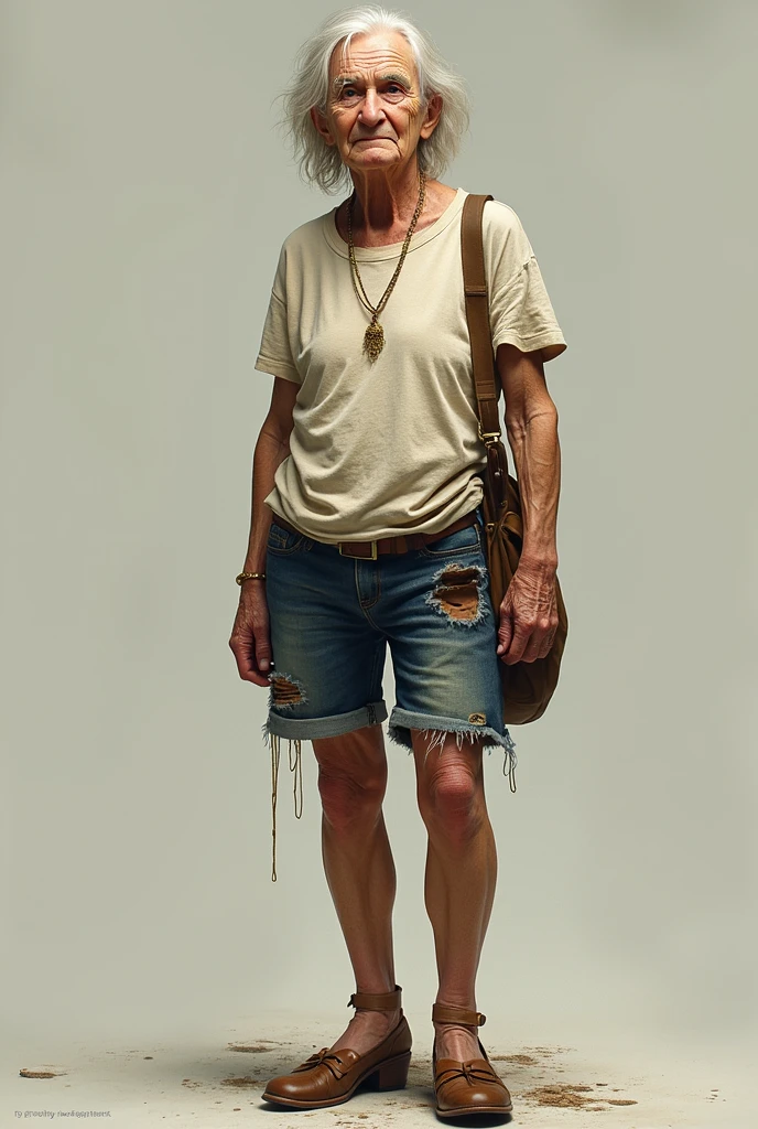 60 years old Russian, short, wearing a torn t-shirt, torn shorts and high heels, wearing a gold necklace