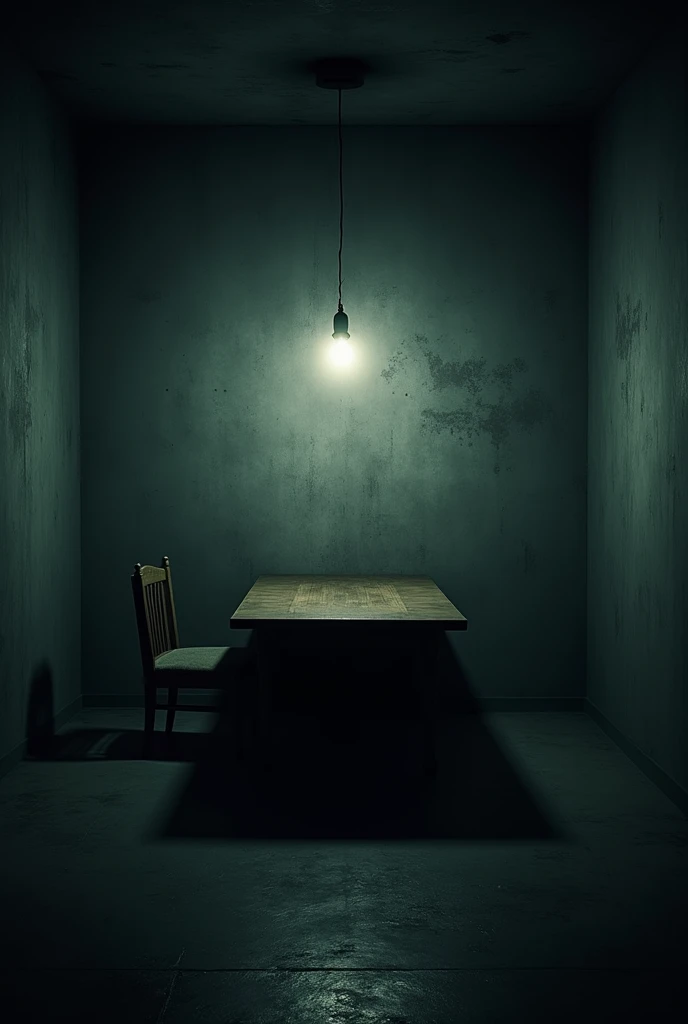 "Fade in. The camera moves slowly into a dark, dimly lit room. A single 100-watt bulb hangs from the ceiling, swaying gently. The light casts harsh shadows, illuminating a simple wooden table directly beneath it. The room is cold and bare, with concrete walls that echo every sound. On the right side of the table, a single chair stands, while on the left, there are two chairs. The light swings gently, causing flickering shadows on the walls and across the table."