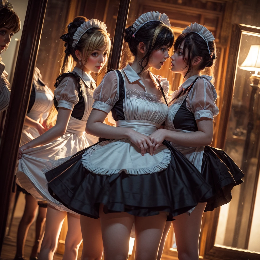(Extremely Detailed((Kawaii Maid Group in a row:1.37))), Childish perfect face, Reflective Eyes, Detailed(Delicate Clothing textures), Dynamic Joyful Expressions LifeLike Rendering, (Specular Reflection:1.2), TopQuality 8K Ultra-detailed masterpiece (ProfessionalPhoto:1.37), (Acutance:0.8), (Luminism:1.28), (Renaissance art style), (Colorful Light particles:0.75), (Muscle:-0.5), ((Full body from side)), {(SkirtLift)|glossy floor|Kissing}, Radiant Fine Skin with Transparency, (Exposed:0.5), (Different Types of Vivid Hair Color:1.35), 