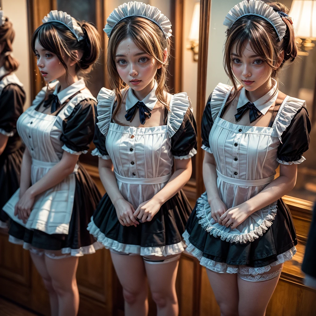 (Extremely Detailed((Kawaii Maid Group in a row:1.37))), Childish perfect face, Reflective Eyes, Detailed(Delicate Clothing textures), Dynamic Joyful Expressions LifeLike Rendering, (Specular Reflection:1.2), TopQuality 8K Ultra-detailed masterpiece (ProfessionalPhoto:1.37), (Acutance:0.8), (Luminism:1.28), (Renaissance art style), (Colorful Light particles:0.75), (Muscle:-0.5), ((Full body from side)), {(SkirtLift)|glossy floor|Kissing}, Radiant Fine Skin with Transparency, (Exposed:0.5), (Different Types of Vivid Hair Color:1.35), 