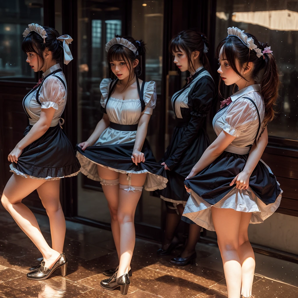 (Full Body of Extremely Detailed((Kawaii Maid Group in a row:1.37))), Childish perfect face, Reflective Eyes, Detailed(Delicate Clothing textures), Correct Leg Line, Dynamic Joyful Expressions LifeLike Rendering, Specular Reflection, TopQuality 8K Ultra-detailed masterpiece (ProfessionalPhoto:1.37), (Acutance:0.8), (Luminism:1.28), (Renaissance art style), Colorful Light particles, ((Full body from side)), {MicroMini(SkirtLift)|Kissing|Breast Lifting|Undressing|Thigh Gap}, Radiant Fine Skin with Transparency, (Exposed:0.5), (Different types of Anime hair color){Pink Hair|Light Blue Hair|Pure White Hair}, Perfect Lighting 