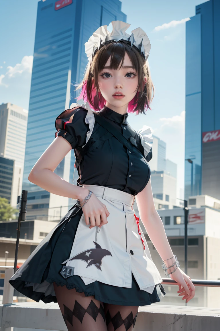 ellenjoe, ellen joe, black hair, colored inner hair, multicolored hair, (red eyes:1.3), red hair, short hair, two-tone hair, ((shark tail))
BREAK bapron, black pantyhose, black shirt, black skirt, ear piercing, fins, fish tail, maid, maid apron, maid headdress, pantyhose, piercing, puffy short sleeves, puffy sleeves, shark girl, shark tail, shirt, short sleeves, skirt, tail, two-tone hair, wrist cuffs,
BREAK outdoors, city, sky, clouds, sun, park
BREAK looking at viewer, (cowboy shot:1.5),
BREAK (masterpiece:1.2), best quality, high resolution, unity 8k wallpaper, (illustration:0.8), (beautiful detailed eyes:1.6), extremely detailed face, perfect lighting, extremely detailed CG, (perfect hands, perfect anatomy),