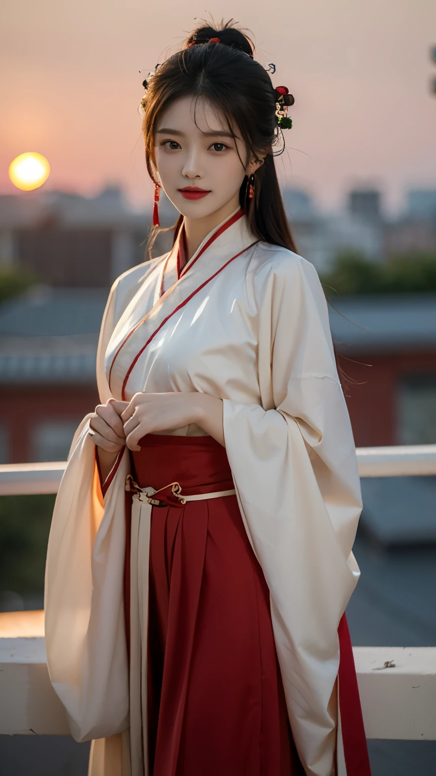 Best quality， Ultra-high resolution， Face Focus（truly：1.6），1 Girl, Beautiful Girl，，Chinese Girl, Elegant girl，Classical girl，Black hair,Hairstyle，（Medium breasts:1.4), Hanfu，魏晋Hanfu:1.1, Red clothes，Loose，panoramic，whole body，Rooftop（Depth of Field：16）,Hair forks，Hairpin，earrings，Rooftop,Red sunset,Ultra-thin face，Exquisite eyes，Double eyelids，Smile，whole body，Standing，Long legs，Elegant Movement，For the audience