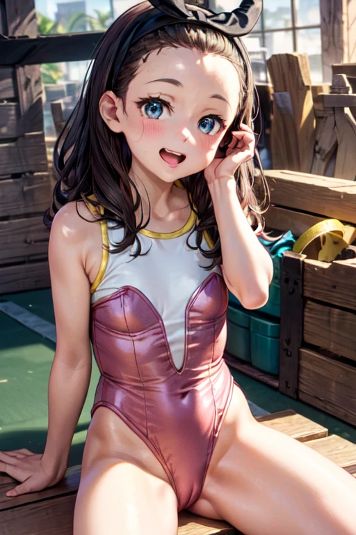 very cute and beautiful girl,(highly detailed beautiful face),(pink leotard:1.2),sleeveless,(laugh),blush, sitting on training mat in wooden gym,(spread legs),cowboy shot,hair band,black hair,looking at viewer, (best quality,masterpiece:1.0),absurdres,highres,ultra-detailed,extremely detailed,32k,8k resolution, intricate details,cinematic scene,detailed background,solo,dynamic angle,