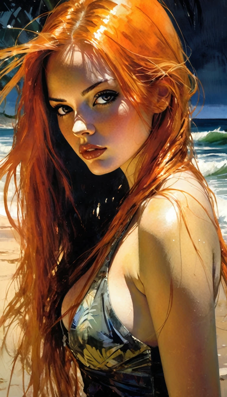 girl with long orange hair, very sexy, on the beach, sun, tropical beach,eroticism, sexy,oil painting, sensual, moody atmosphere, photorealistic, intricate details, masterpiece, ultra-detailed, high quality, 8k, best quality, realistic, cinematic, dark and brooding, expressionistic, powerful composition, emotional impact, Bill Sienkiewicz inspired art