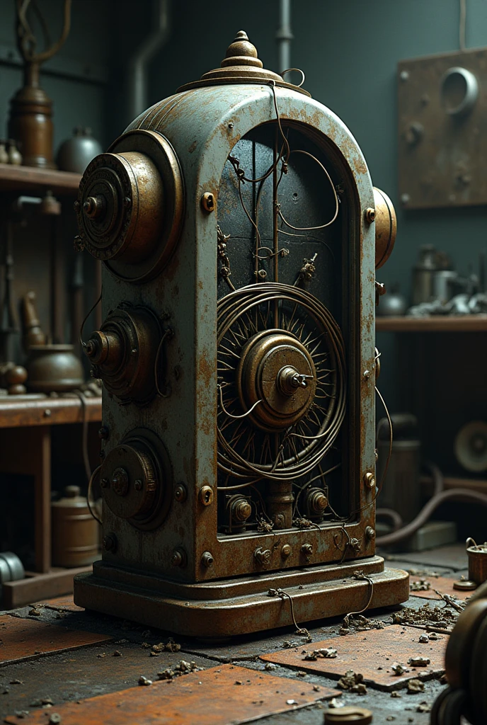 Broken time machine with wires coming out 