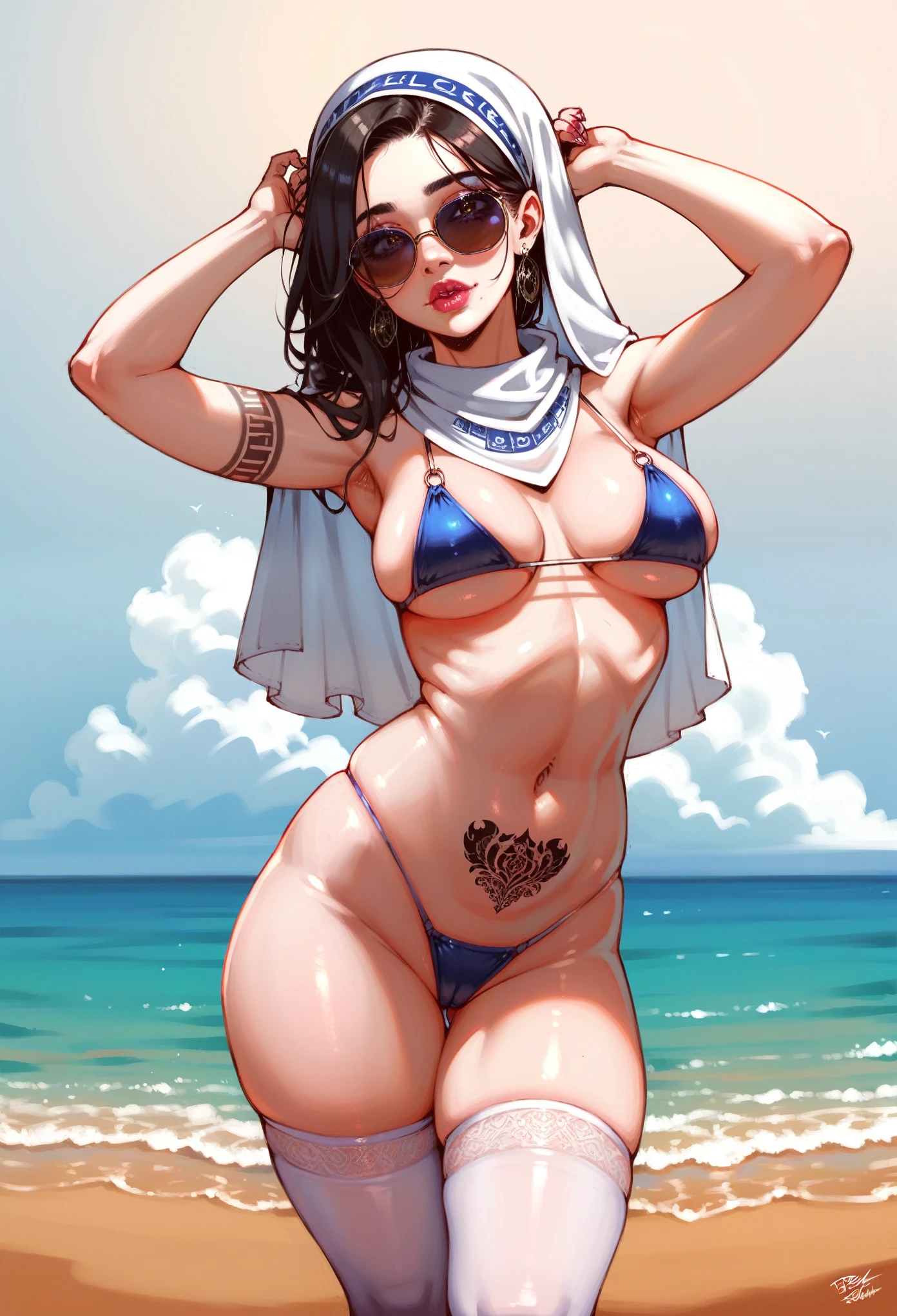 beautiful detailed eyes,beautiful detailed lips,extremely detailed eyes and face,longeyelashes,1woman,seductive MILF Muslim,wearing provocative swimset bikini,silk headscarf,stockings,intricate tattoos,sunglasses,summer beach scene,photorealistic,masterpiece,ultra-detailed,realistic,vivid colors,studio lighting,HDR,4k,best quality