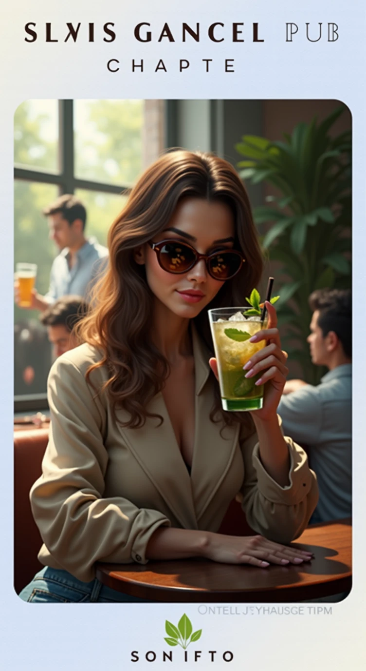 beautiful woman, sitting in pub, drink mohito, wearing sunglasses