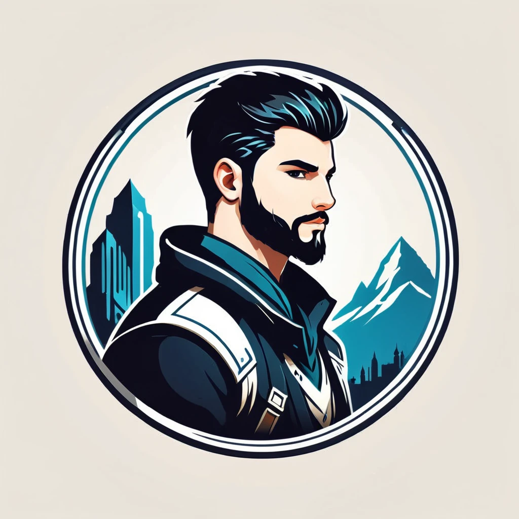 male netrunner in folk outfit, vector graphics, strong contours, logo design