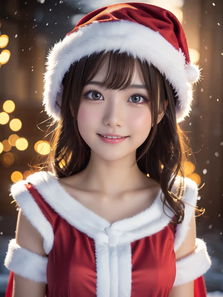 beautiful detailed eyes,droppy eyes,beautiful detailed lips, extremely detailed eyes and face, long eyelashes, 1japanese girl, fantasy character, (Santa Claus costume:1.25),smile,short hair,highly detailed, dramatic lighting, glowing effects, mist, intricate details, volumetric lighting, cinematic composition, hyper realistic, 8k, best quality, masterpiece, photorealistic,Highres fix,snowy night town