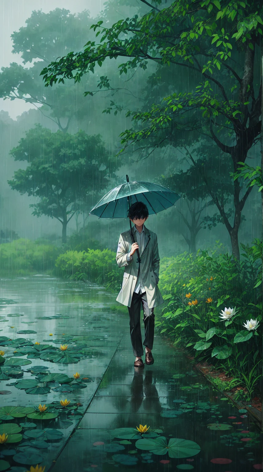 The image shows a serene, rainy scene set in a lush, green park. A young person, possibly a man, is walking calmly along a narrow path surrounded by vibrant greenery. He is holding a teal umbrella over his head to shield himself from the falling rain. The trees around him are dense and full of leaves, providing a rich, natural canopy. The ground beneath him is wet, reflecting the greenery and the orange-yellow flowers blooming by the path.

The atmosphere is peaceful, with soft raindrops visible as they fall, adding to the calmness of the scene. The rain has created a shallow stream along the path, which is lined with small flowers and lily pads. The young man is dressed in a long, light coat and casual pants, with his head slightly bowed as he walks, perhaps lost in thought or simply enjoying the quietness of the rainy day. The background is slightly blurred by the rain, adding a dreamlike quality to the image.