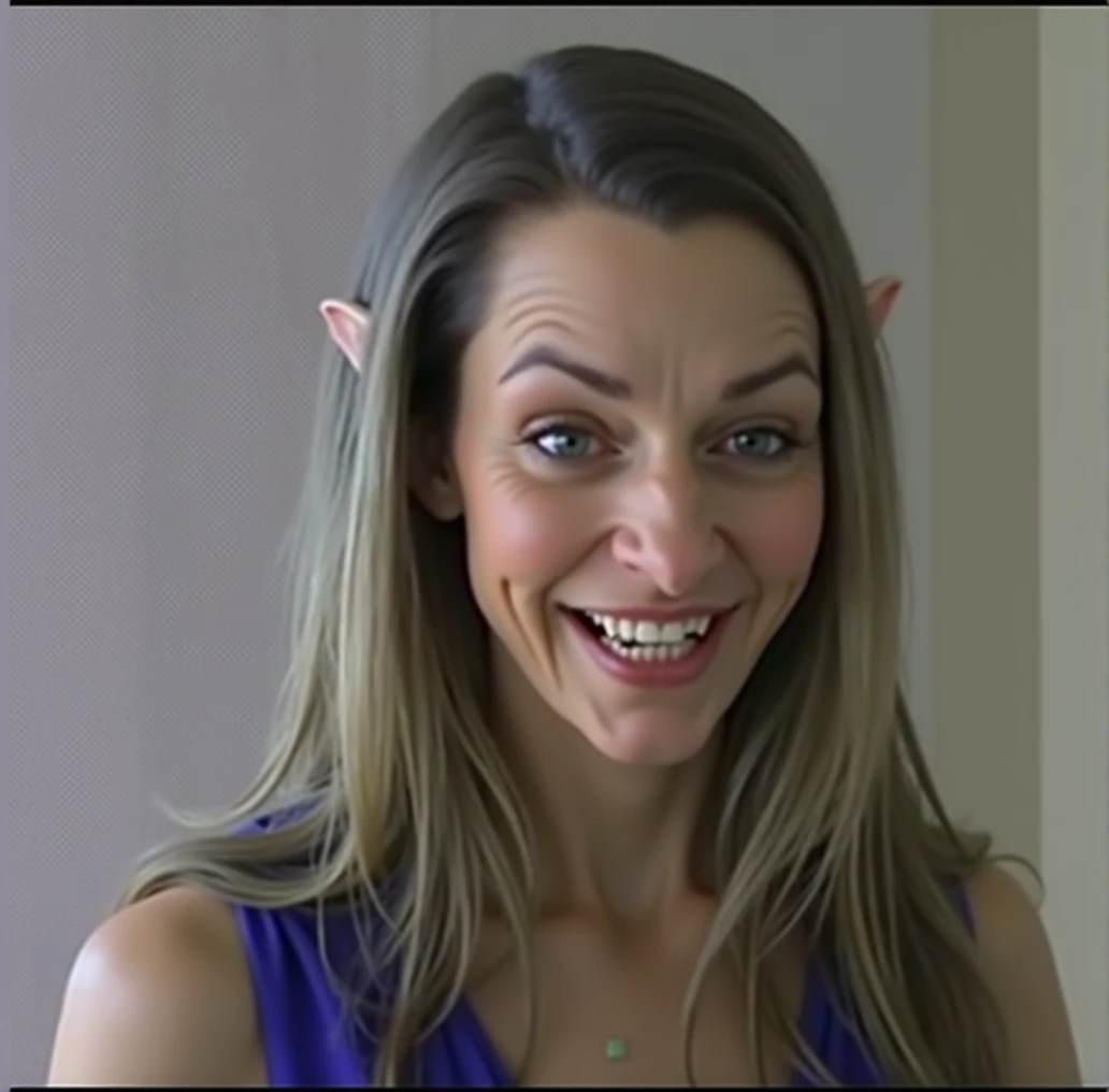 a detailed evil goblin with a big nose, long pointy goblin ears, big forehead, long hair tucked behind long pointy ears, raised eyebrows, perfect teeth, wearing a blue dress, evil laugh, cinematic lighting, hyper realistic, 8k hd resolution, highly detailed, photorealistic, masterpiece, very detailed goblin ears, big green eyes