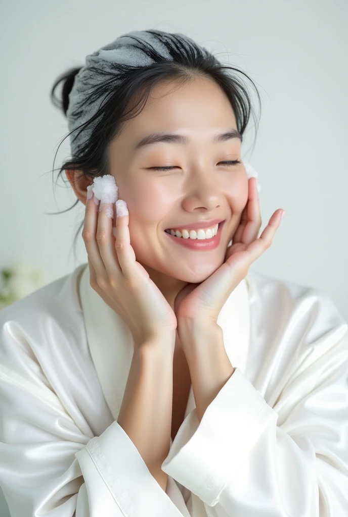 Create an Asian middle-aged beauty,Wearing a white satin bathrobe,Scratching the scalp with both hands,Two hands washing hair on top of head,There is a lot of foam on the head,Foam wrap head,Realistic foam,The expression is happy,Upper Body,The characters are realistic and realistic,Pure white background,Character front position,9:16 frames,Ultra-high-definition picture quality