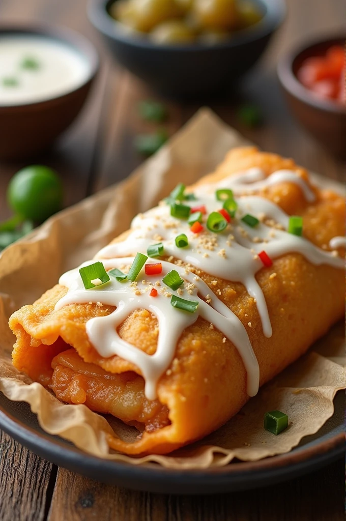 Create a picture about this food. Fried lumpia wrapper with condensed milk toppings