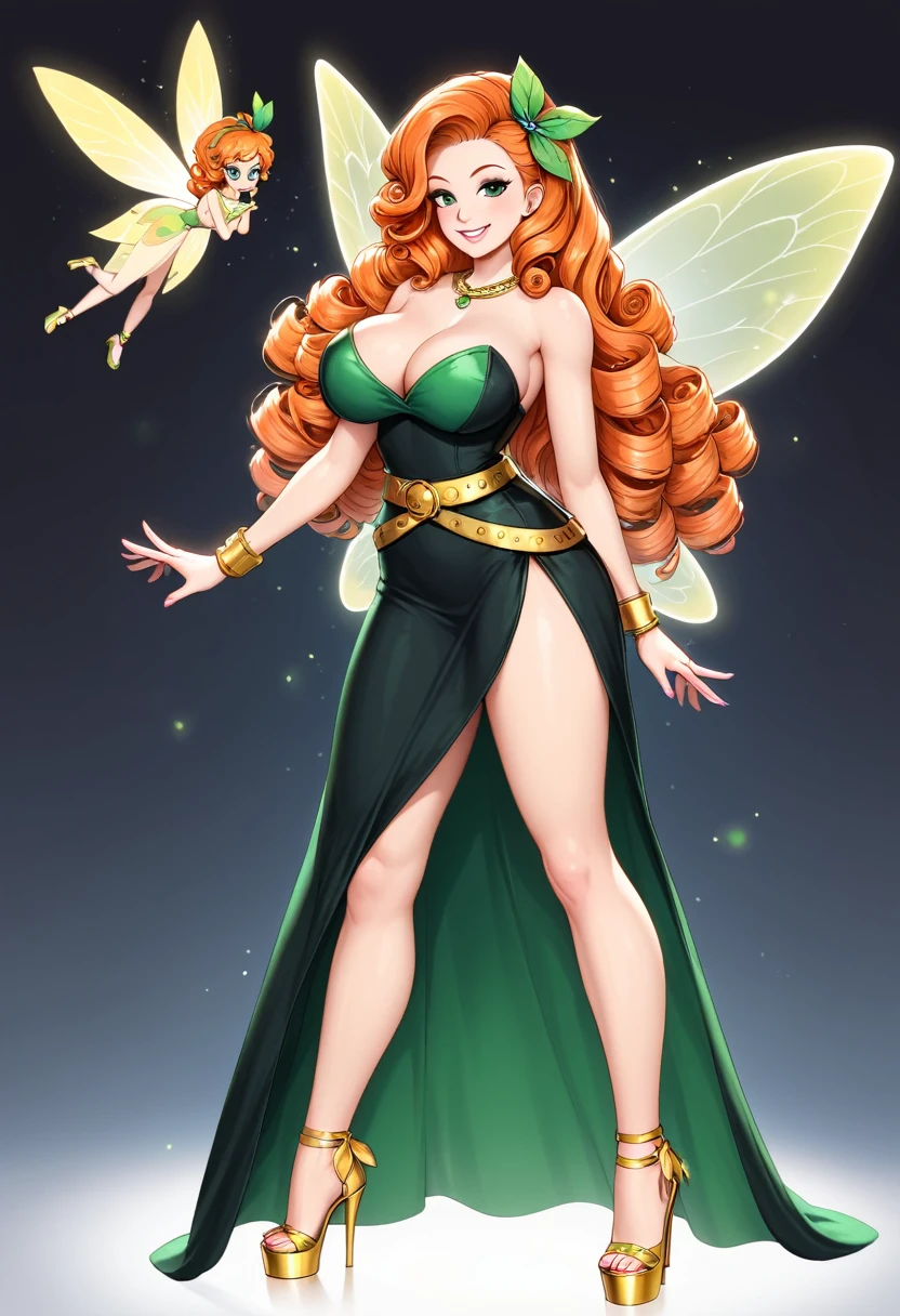 a full body image of a fairy, with long, curly orange hair, she has green eyes, she is smiling, she has large breasts and she is wearing a sparkling black dress, with a thin, gold belt at the waist and she is wearing pink high heel shoes.