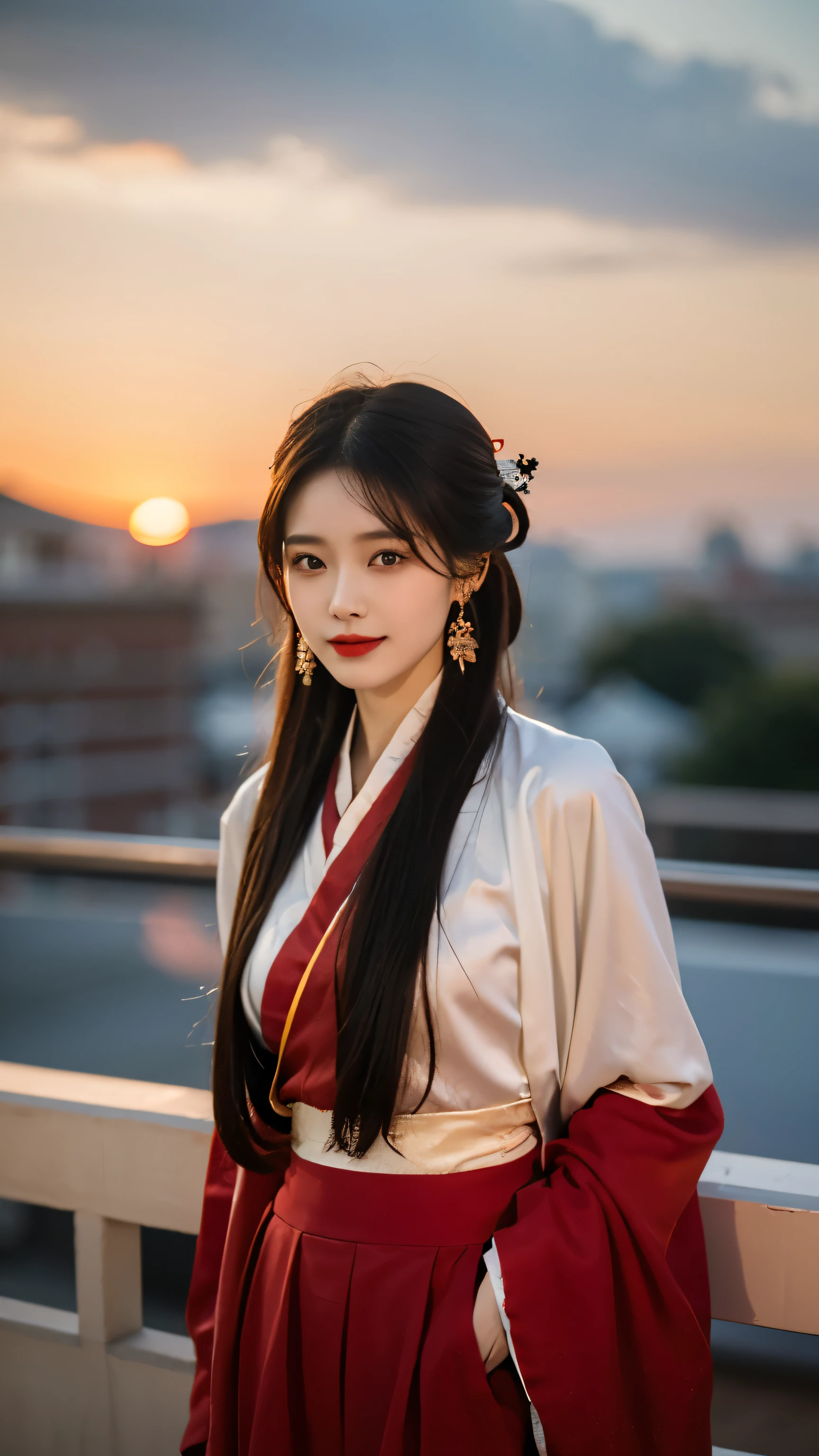 Best quality， Ultra-high resolution， Face Focus（truly：1.6），1 Girl, Beautiful Girl，，Chinese Girl, elegant girl，Classical girl，Black hair,Hairstyle，（Medium breasts:1.4), Hanfu，Wei and Jin Dynasty:1.1, Red clothes，Loose，panoramic，whole body，Rooftop（Depth of Field：16）,Hair forks，Hairpin，earrings，Rooftop,Red sunset,Ultra-thin face，Exquisite eyes，Double eyelids，Smile，whole body，Standing，Long legs，Elegant Movement，For the audience