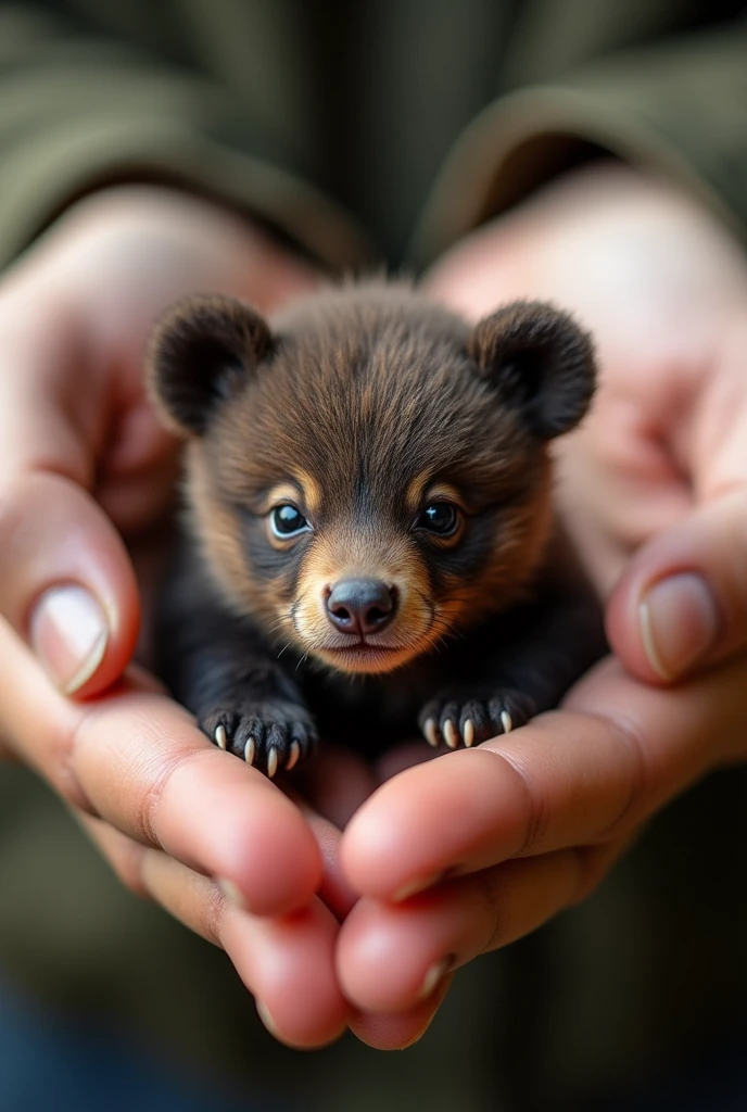 There is a small buffalo bear cub sitting in a person's hand, a miniature buffalo bear cub, a miniature animal, sitting on a finger, cute and cute, cute and cute, cute kitty, cute buffalo bear cub, photo Very realistic, very small, beautiful buffalo bear figure, just a neat little thing, cute little nose, beautiful and cute, beautiful creature, pretty cute, very detailed photos.