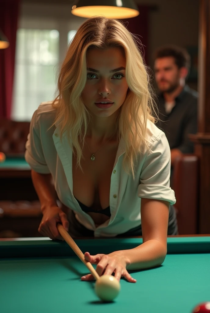 ((beautiful woman, 22 years old, a thin fit body blonde)), playing pool, wearing a college skirt open button up, full cleavage, shapely firm breasts, highly detailed skin texture, alluring, masterpiece, best lighting, best quality, high resolution hyper realistic, photorealistic, high-res photography, playing pool, while a man watches sitting on the couch behind her.