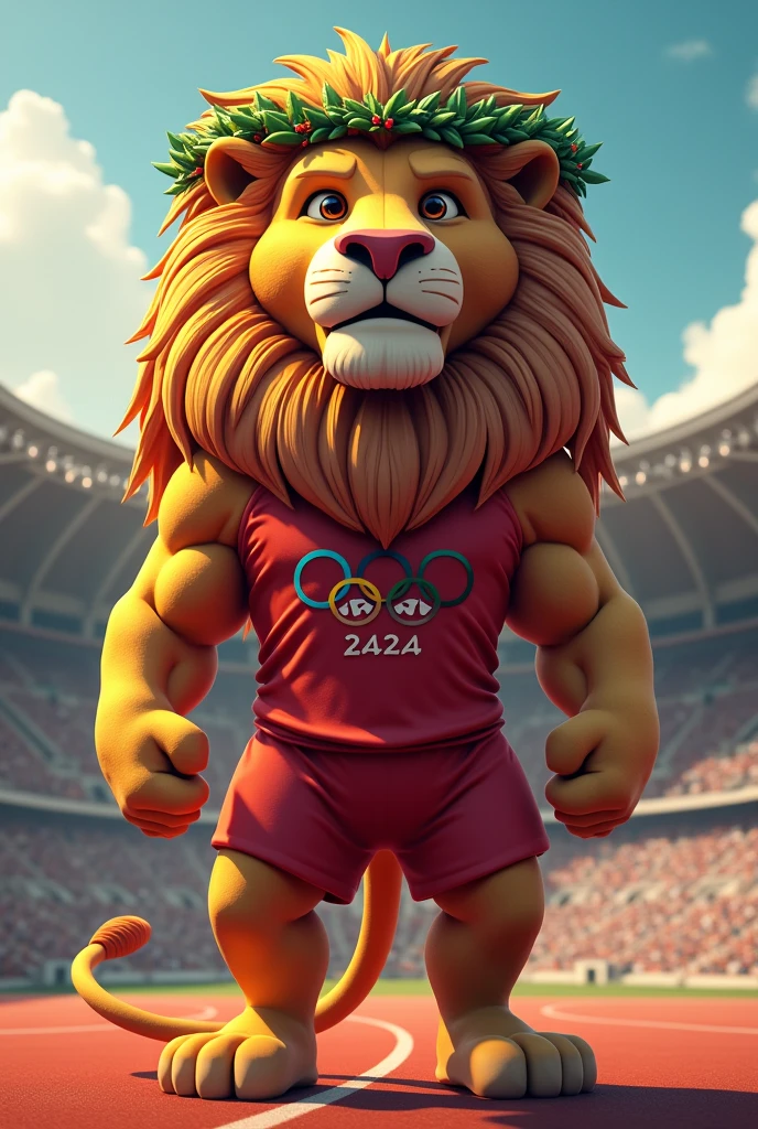 Create an image of an Olympic mascot as a lion wearing a laurel wreath and the Olympic colors
