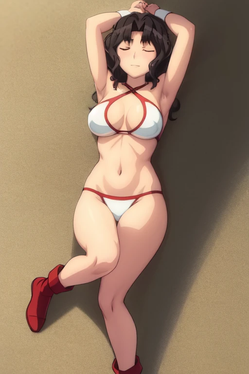 masterpiece, best quality, beautiful art, high resolution, well formed hands, body and fingers, 1 woman, solo, Kaoru Tanamachi, 31 years old, full body picture, grown up, adult, large and rounded breasted, cleavage, hair ornament, wearing a Tyris Flare outfit ,  white_bikini, full body, sexy and skimpy  bikini, gorgeous  and bare hips, legs and thighs bouncing breasts, red boots,ryona,in peril, she is  defeated, knocked out, passed out, closed eyes, fainting, exhausted, unconscious, laying down on the sand, extended exposed body, full body on the sand, breathing heavily, sexy smirk on her face, bouncing breasts, sexy defeated and KOpose, defeat and KO scene, fallen beauty, martial arts tournament with beach environment.                                                     