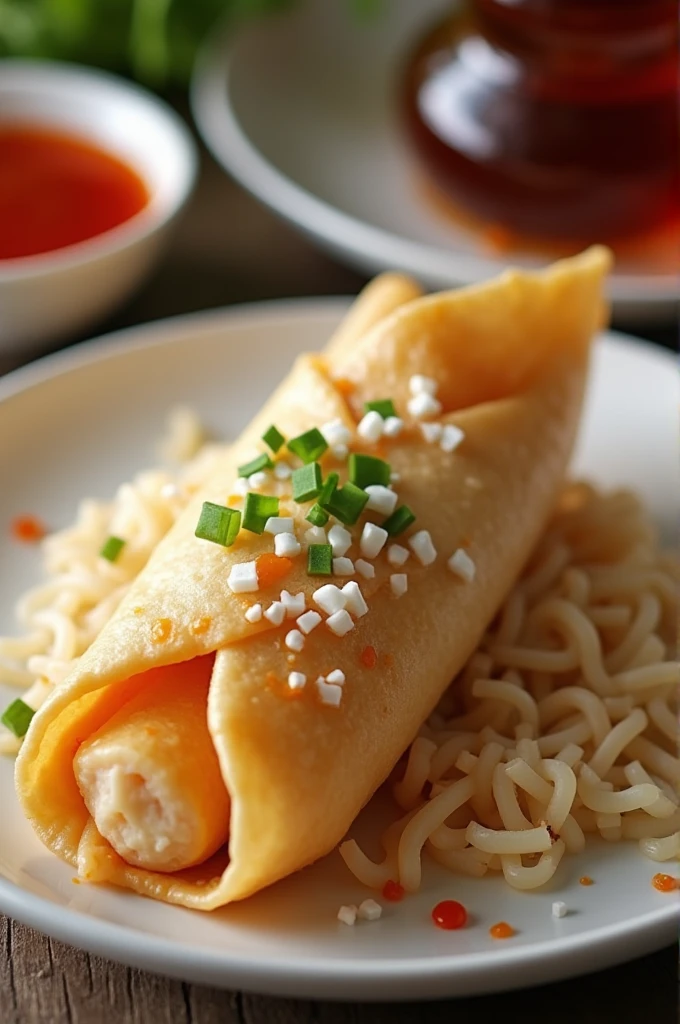 Create a picture about this food. lumpia wrapper with condensed milk toppings