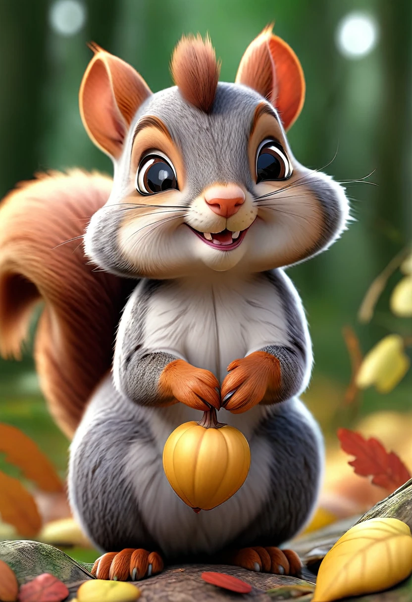 a cute squirrel in an autumn forest, with detailed fur and adorable cheeks puffed out with food, diligently preparing for winter, she has an acorn in his hand,3d, highly detailed, realistic, professional photography, professional lighting, shallow depth of field, beautiful, detailed eyes, beautiful, detailed fur, extremely detailed face, and body, photorealistic, 8k, best quality.
