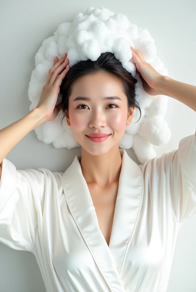 Create an Asian middle-aged beauty,Wearing a white satin bathrobe,Scratching the scalp with both hands,Two hands washing hair on top of head,There is a lot of foam on the head,Foam wrap head,Realistic foam,The expression is happy,Upper Body,The characters are realistic and realistic,Pure white background,Character front position,9:16 frames,Ultra-high-definition picture quality