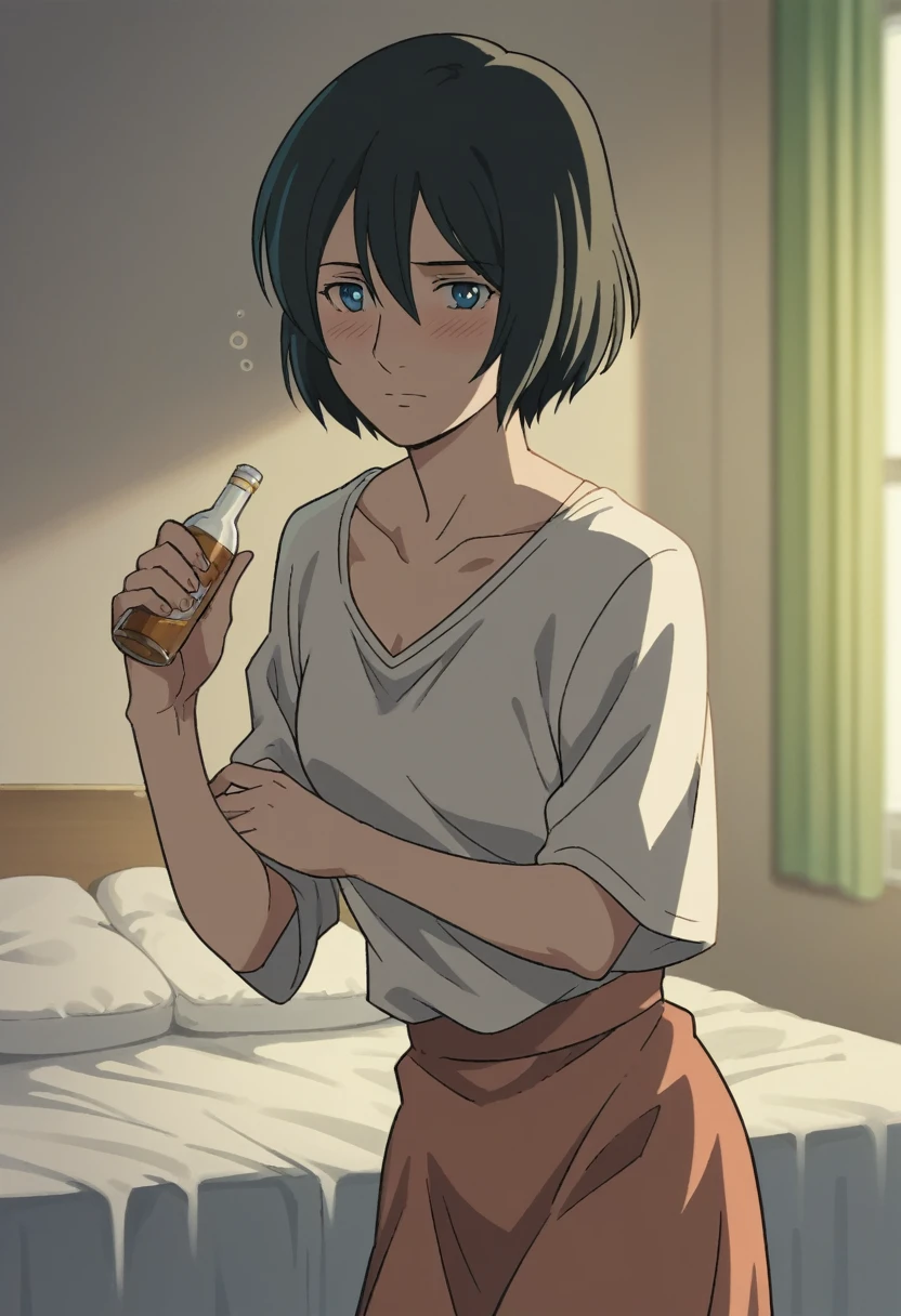 score_9, score_8_up, score_7_up, source_anime,
yukariyukino, yukari yukino, short hair, black hair, blue eyes, hair between eyes,
show off breast, , white shirt, undress clothes, skirt,
indoors, bed, bed room, on side, blush, drunk,
cowboy shot, looking at viewer, solo, dutch angle,