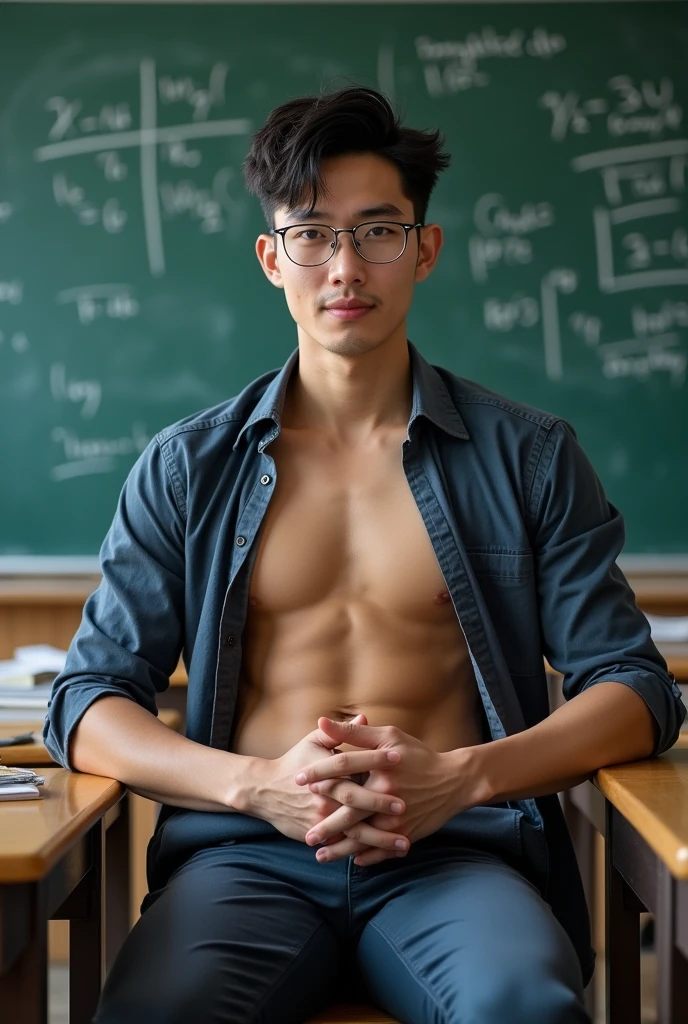 Chinese-korean Idol man ,(hot,sexy,attractive:1.2),hunky male professor with hairy muscles,button-up shirt torn open,suit pants,full,thick,wear shirt, open chest shirt, showing off body, toned abs and full chest,big dick,pubic hairs, clean-shaven with neatly cut,sitting on classroom desk,confident gaze,classroom setting,blackboard with equations and formulas,Legs wide open,show off panty waistband, vibrant chalk colors,academic books and papers scattered on desk,messy hair,dedicated to teaching,lewd smile,lots of student attention,dreamy atmosphere,serious yet approachable vibe,HDR,ultra-detailed,physically-based rendering,sharp focus,vivid colors,wear glasses,six pack ,sexy poses,covered with milk dripping down
