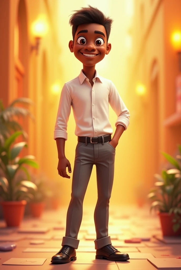 A Disney pixar black guy, wearing white long sleeve shirt, grey trouser, black shoe