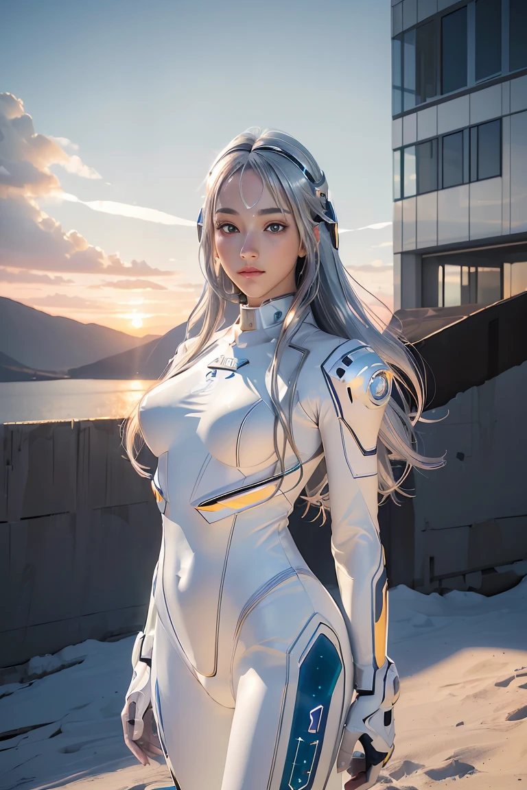 ((masterpiece, best quality, extremely detailed), volumetric lighting, ambient occlusion, colorful, glowing), 
1girl, solo, young girl, (silver hair), long hair, halo, aura, sacred, goddess, cyber suit, (white bikini and bodysuit combined design:1.3), 
outdoors, sunset, sky, clouds, space, (cyberpunk theme:1.2),