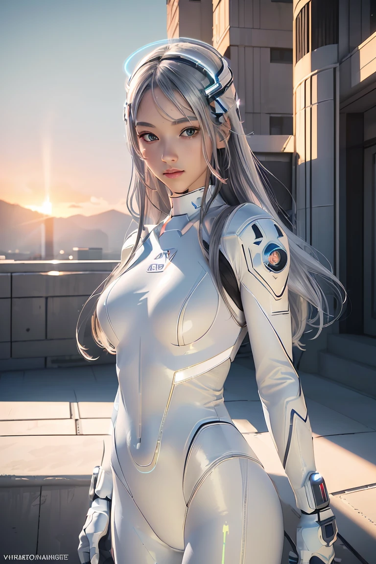 ((masterpiece, best quality, extremely detailed), volumetric lighting, ambient occlusion, colorful, glowing), 
1girl, solo, young girl, (silver hair), long hair, halo, aura, sacred, goddess, cyber suit, (white bikini and bodysuit combined design:1.3), 
outdoors, sunset, sky, clouds, space, (cyberpunk theme:1.2),