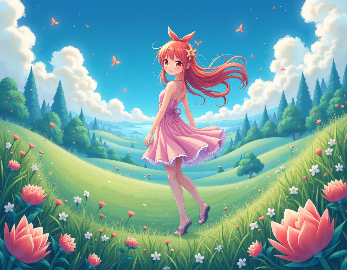 A beautiful girl in a manga style on a landscape screen