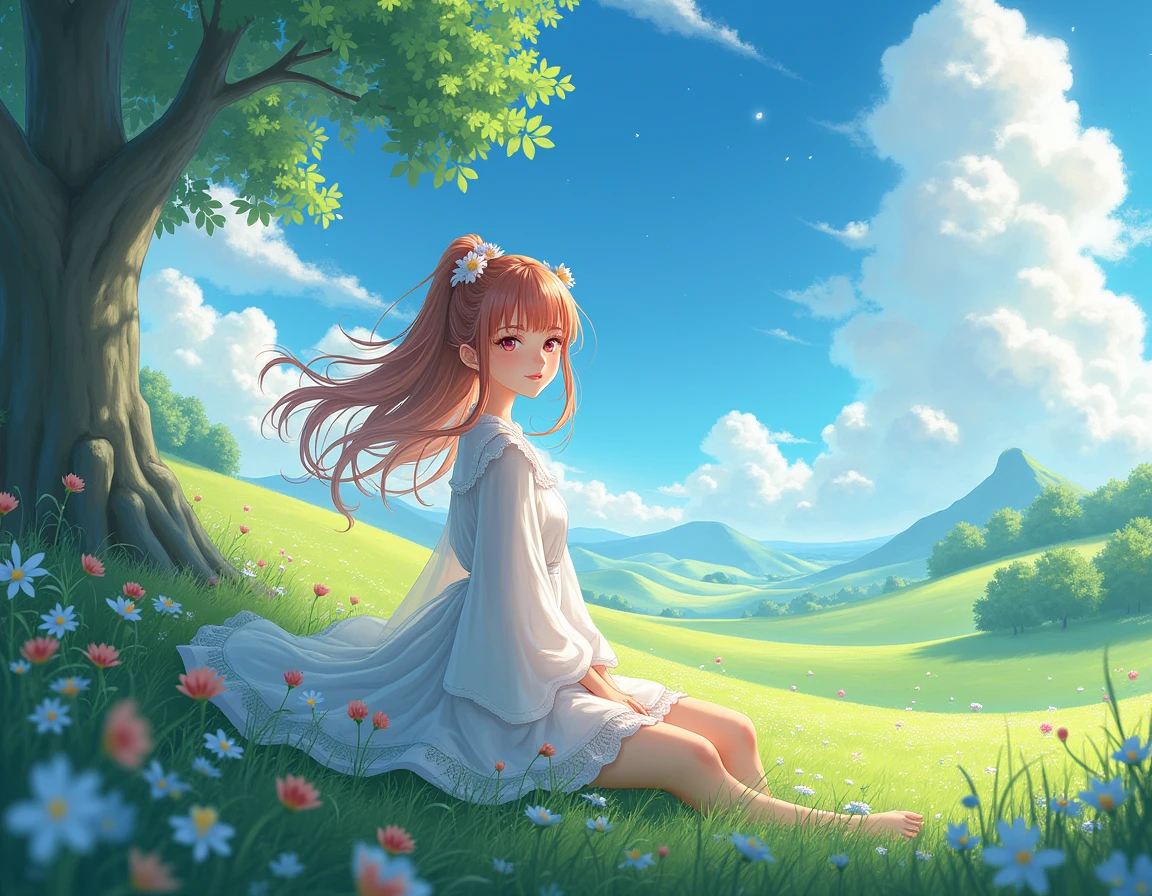 A beautiful girl in a manga style on a landscape screen