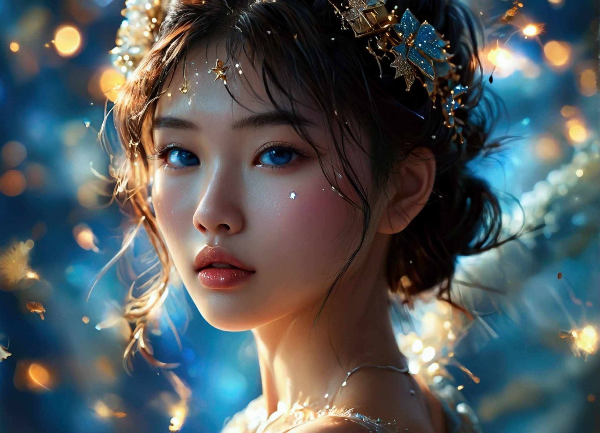 (Realistic) Insanely beautiful asian lady with messy bun hairstyle, so beautiful that her beauty transcends heaven , blue eyes so beautiful looks like stars in night sky , cute and attractive facial expressions, incredibly soft skin like an angel , natural skin color, natural breasts, godly perfect body (highly detailed) , cinematic lightings , wearing a simple yet angelic dress (highly detailed) , incredibly soft and alluring lips , full body image highly detailed from top to bottom